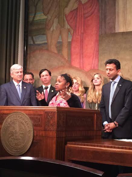 Clemmie Greenleaf speaking to Louisiana legislators about a new anti-human trafficking law
