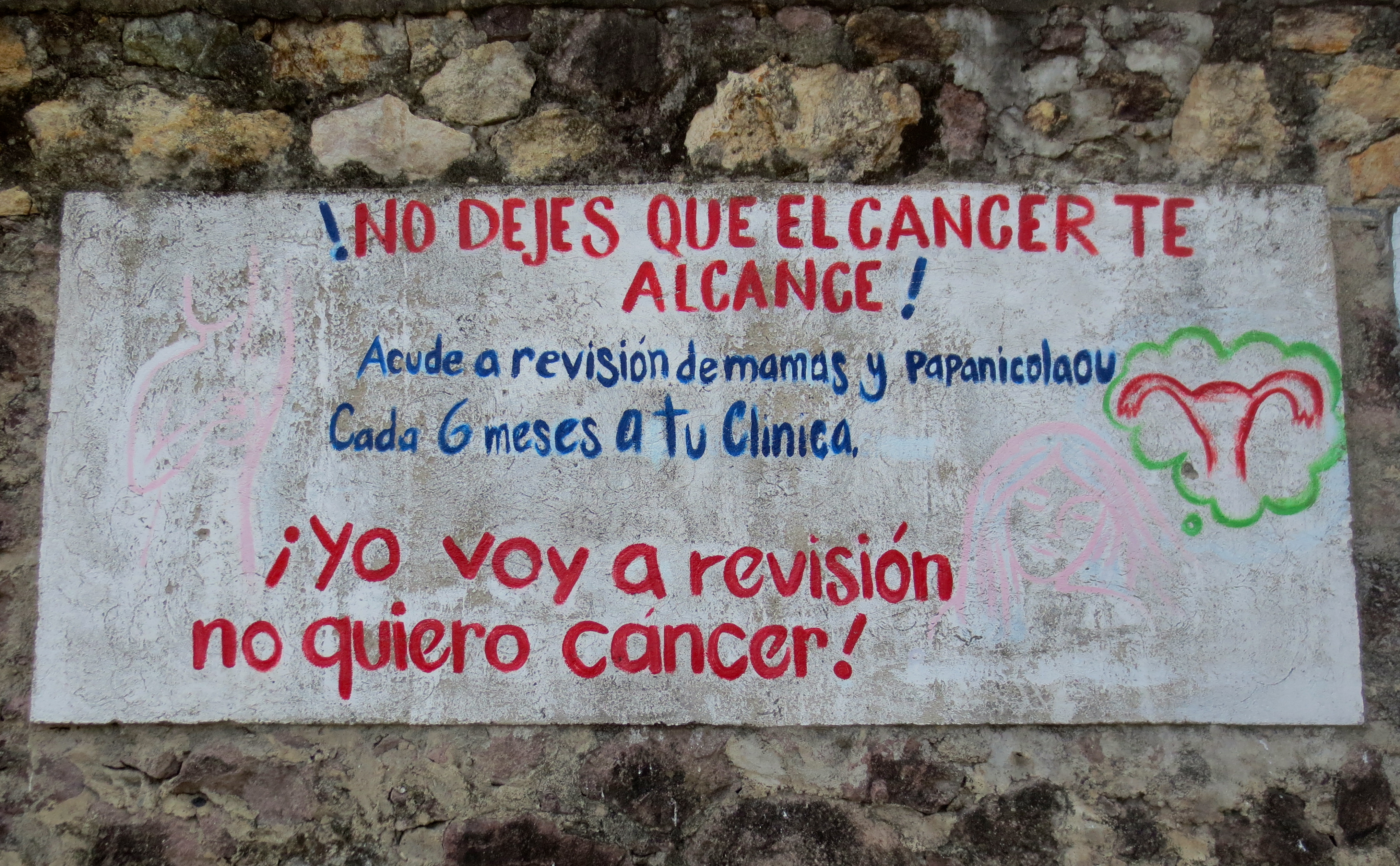 Translation: Do not allow the cancer to reach you! Go to your clinic every six months for a breast exam and pap smear